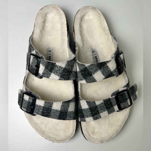 Birkenstock Mens Arizona Plaid Black White Double Strap Shearling Wool Sandal 11 - Picture 3 of 9